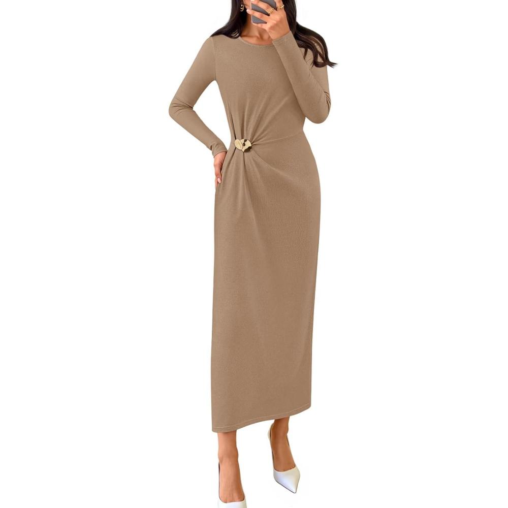 imageMEROKEETY Womens Fall Long Sleeve Bodycon Dresses Elegant Wedding Guest Cocktail Party Midi Maxi DressKhaki