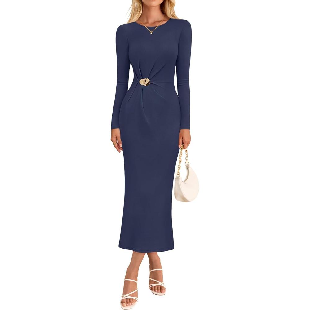 imageMEROKEETY Womens Fall Long Sleeve Bodycon Dresses Elegant Wedding Guest Cocktail Party Midi Maxi DressNavy