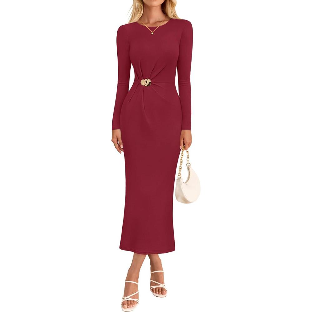imageMEROKEETY Womens Fall Long Sleeve Bodycon Dresses Elegant Wedding Guest Cocktail Party Midi Maxi DressWine Red