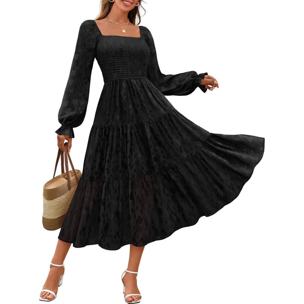 imageMEROKEETY Womens Fall Long Sleeve Floral Midi Dress Smocked Ruffle Tiered Square Neck Wedding Guest Dresses PocketsBlack