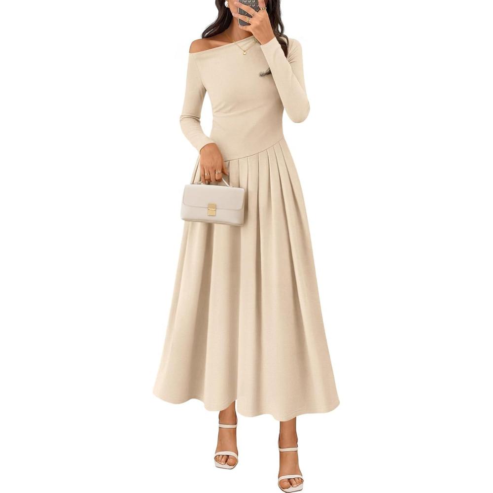 imageMEROKEETY Womens Fall Long Sleeve Wedding Guest Dresses 2025 One Shoulder Elegant Formal Pleated Midi Maxi DressApricot