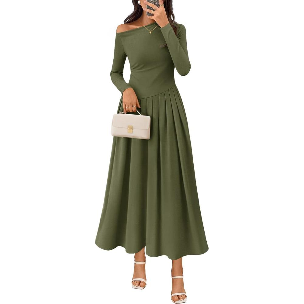 imageMEROKEETY Womens Fall Long Sleeve Wedding Guest Dresses 2025 One Shoulder Elegant Formal Pleated Midi Maxi DressArmy Green