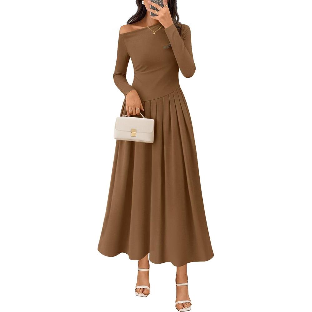 imageMEROKEETY Womens Fall Long Sleeve Wedding Guest Dresses 2025 One Shoulder Elegant Formal Pleated Midi Maxi DressBrown