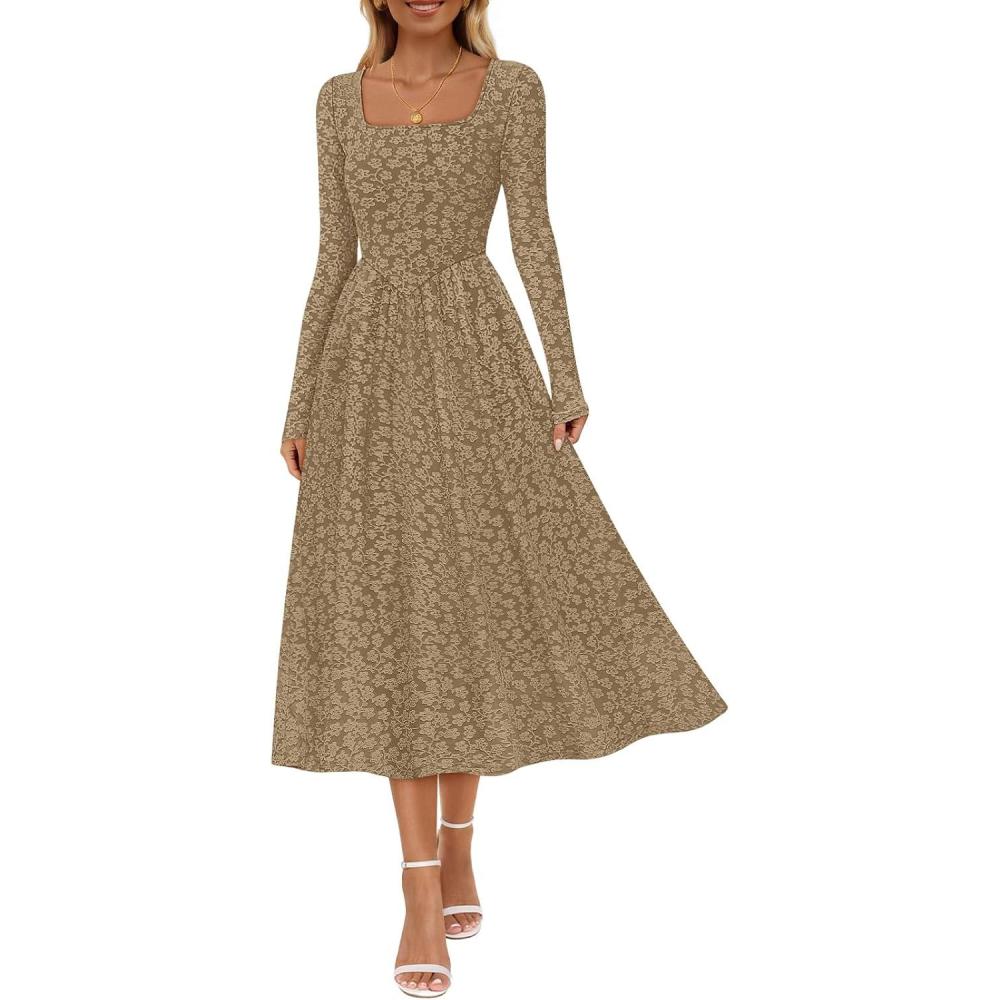 imageMEROKEETY Womens Floral 2025 Fall Midi Dresses Long Sleeve Square Neck Flowy A Line Wedding Ruched Dress PocketsDarkkhaki