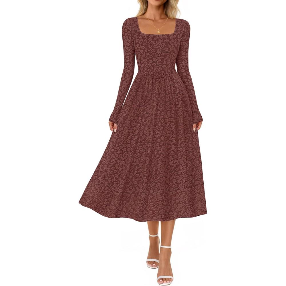 imageMEROKEETY Womens Floral 2025 Fall Midi Dresses Long Sleeve Square Neck Flowy A Line Wedding Ruched Dress PocketsMaroon