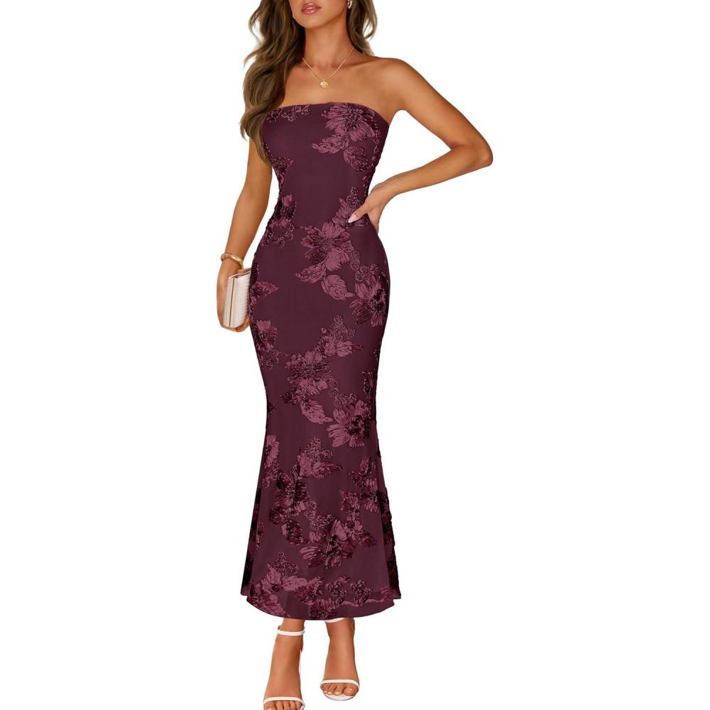 imageMEROKEETY Womens Floral Strapless Maxi Dress 2026 Summer Mesh Tube Bodycon Formal Wedding Guest Cocktail Party Long DressesBurgundy
