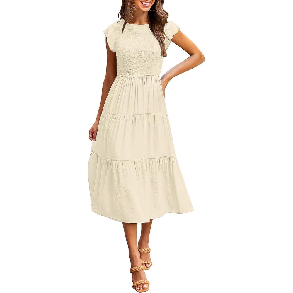 imageMEROKEETY Womens Flutter Short Sleeve Smocked Midi Dress Summer Casual Tiered ALine DressApricot