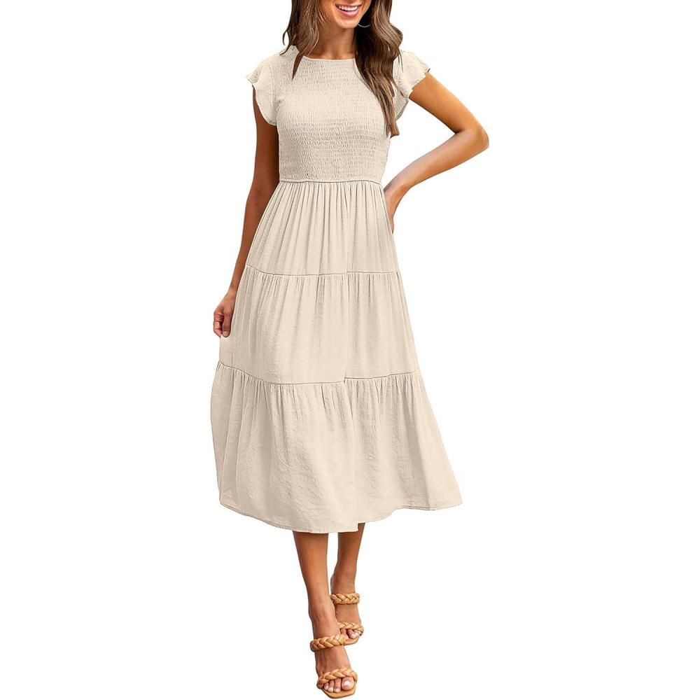 imageMEROKEETY Womens Flutter Short Sleeve Smocked Midi Dress Summer Casual Tiered ALine DressBeige