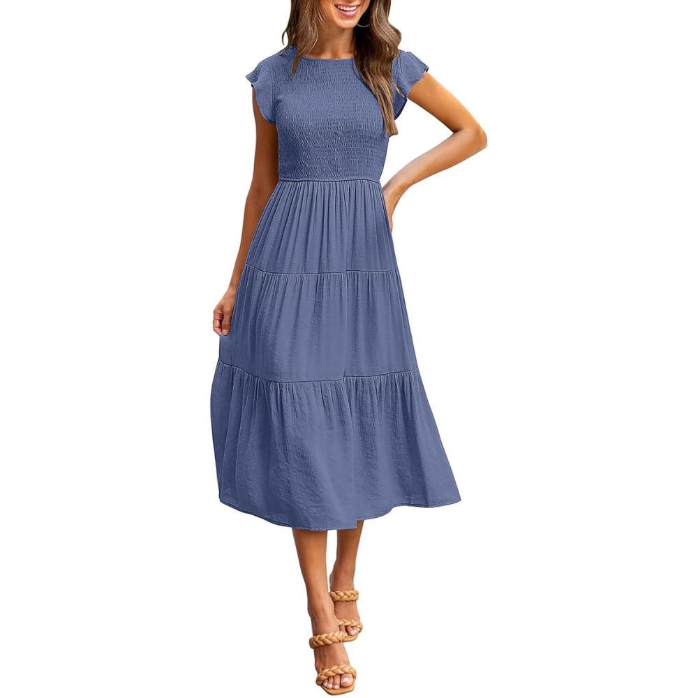 imageMEROKEETY Womens Flutter Short Sleeve Smocked Midi Dress Summer Casual Tiered ALine DressDustyblue