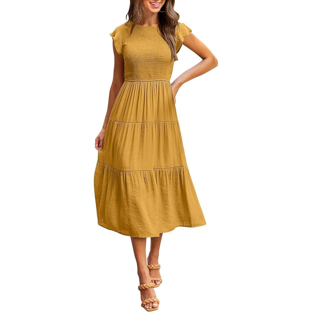 imageMEROKEETY Womens Flutter Short Sleeve Smocked Midi Dress Summer Casual Tiered ALine DressGinger