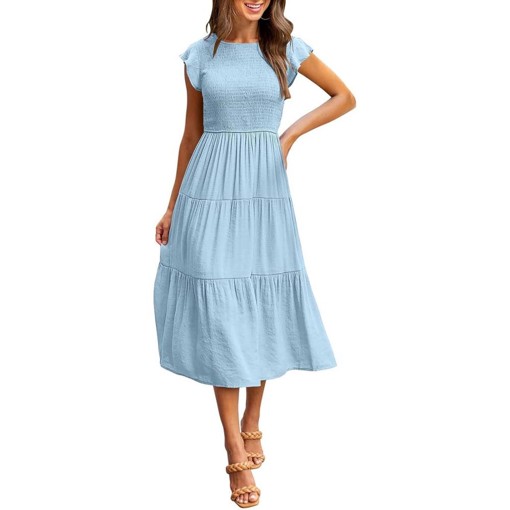 imageMEROKEETY Womens Flutter Short Sleeve Smocked Midi Dress Summer Casual Tiered ALine DressLightblue