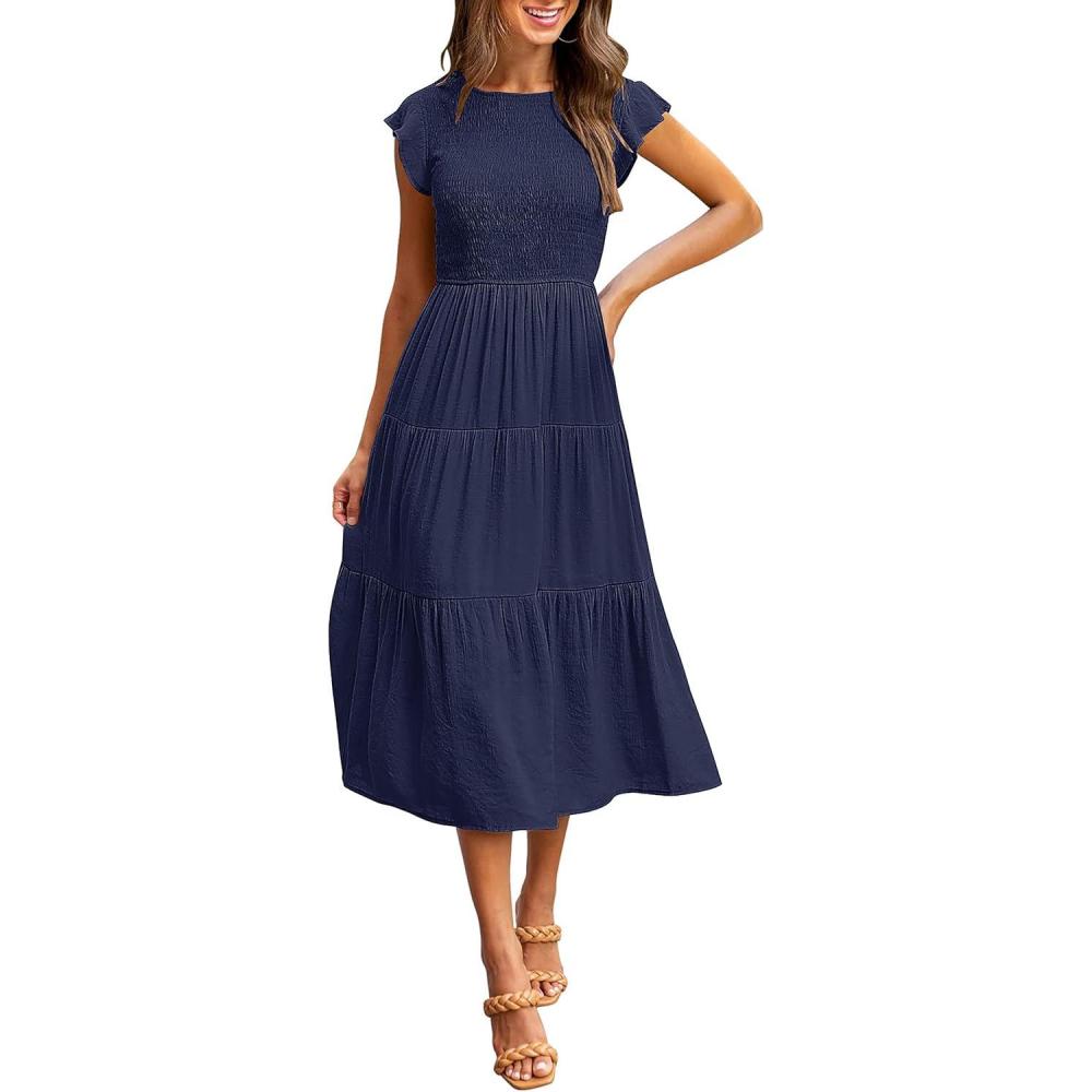 imageMEROKEETY Womens Flutter Short Sleeve Smocked Midi Dress Summer Casual Tiered ALine DressNavy