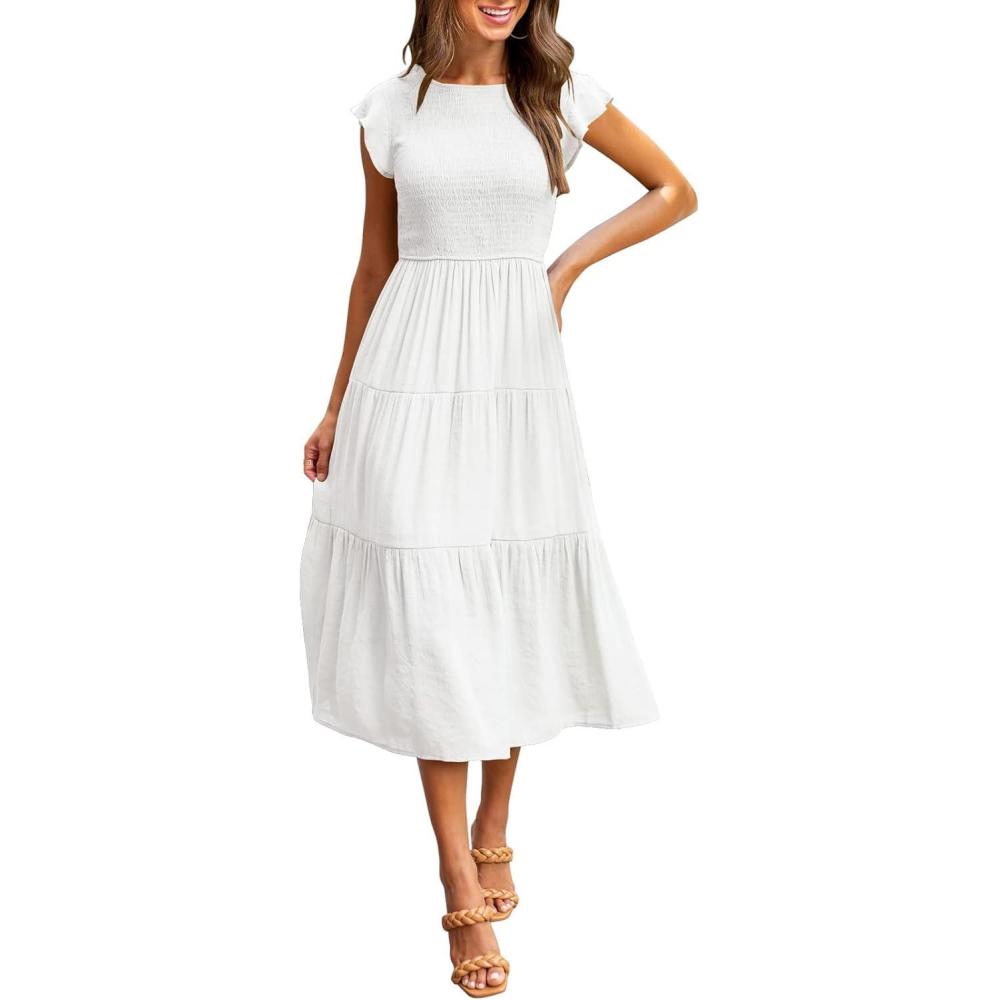imageMEROKEETY Womens Flutter Short Sleeve Smocked Midi Dress Summer Casual Tiered ALine DressWhite