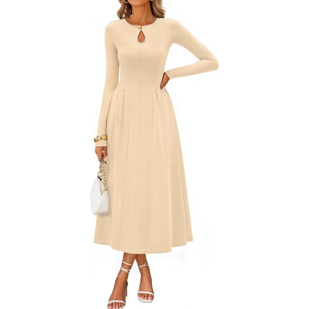 imageMEROKEETY Womens Long Sleeve Flowy A Line Dresses 2025 Fall Fashion Elegant Cutout Wedding Guest Midi Maxi DressApricot