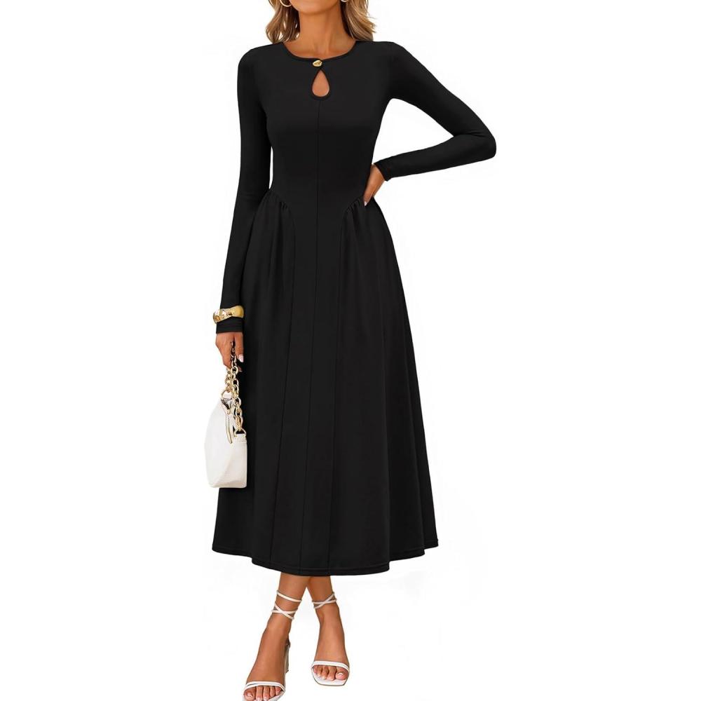 imageMEROKEETY Womens Long Sleeve Flowy A Line Dresses 2025 Fall Fashion Elegant Cutout Wedding Guest Midi Maxi DressBlack