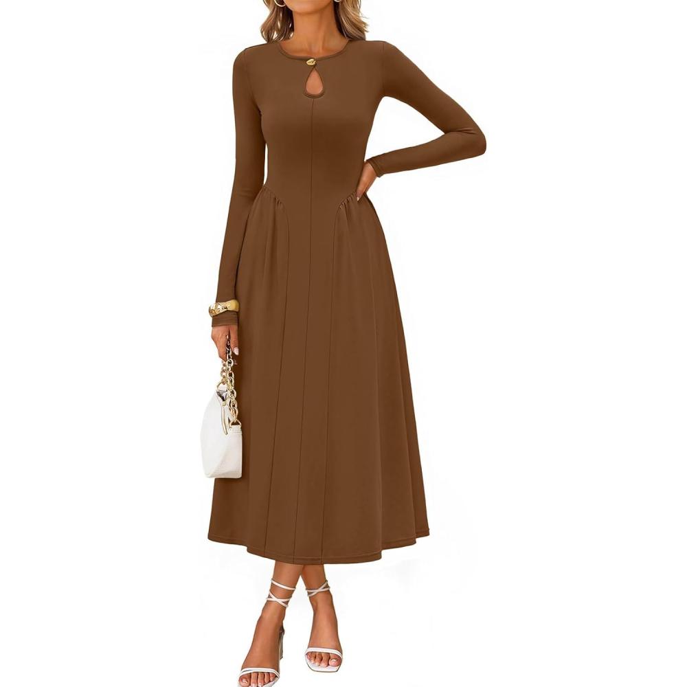 imageMEROKEETY Womens Long Sleeve Flowy A Line Dresses 2025 Fall Fashion Elegant Cutout Wedding Guest Midi Maxi DressBrown