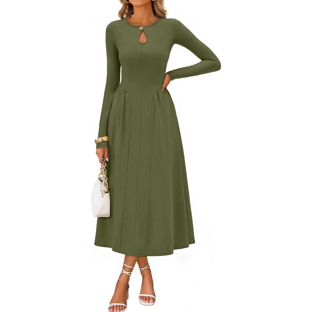 imageMEROKEETY Womens Long Sleeve Flowy A Line Dresses 2025 Fall Fashion Elegant Cutout Wedding Guest Midi Maxi DressOlive