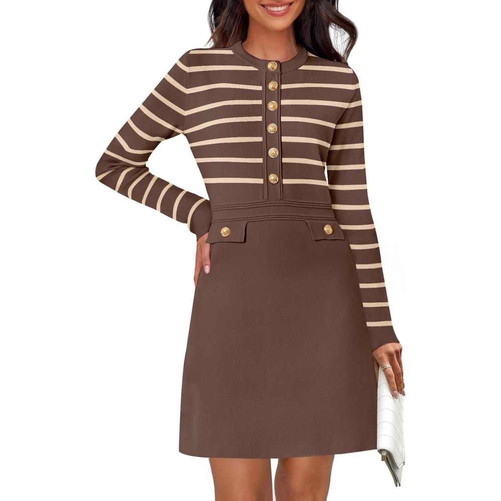 imageMEROKEETY Womens Long Sleeve Striped Sweater Dress Button Crewneck Fall Bodycon Formal Mini DressesCoffee