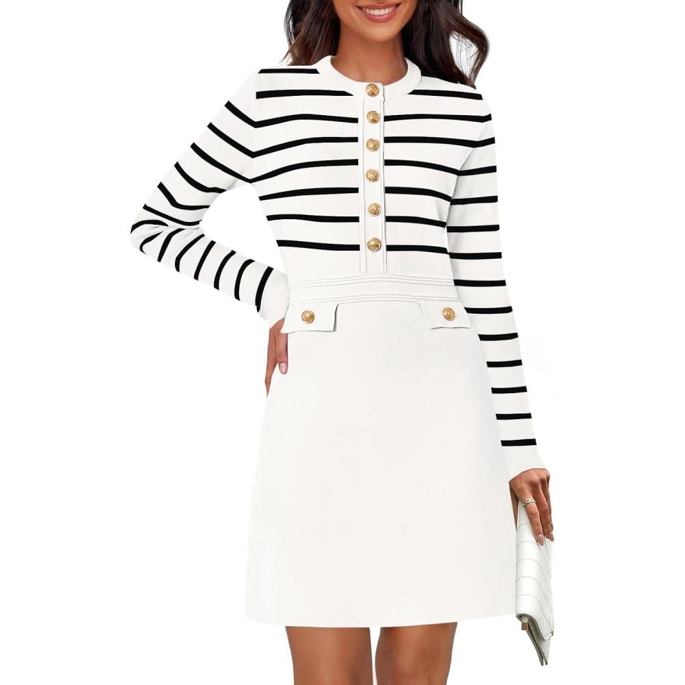 imageMEROKEETY Womens Long Sleeve Striped Sweater Dress Button Crewneck Fall Bodycon Formal Mini DressesWhite