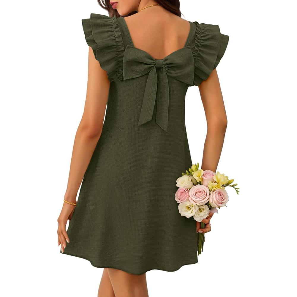 imageMEROKEETY Womens Spring Ruffle Sleeve Bow Mini Dress 2026 Summer Square Neck Casual Cute Shift Sundress PocketsArmy