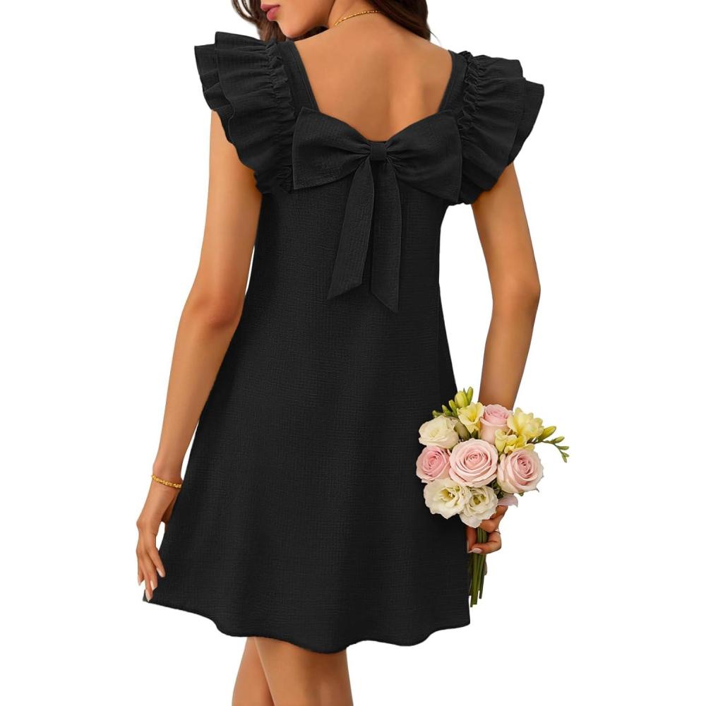 imageMEROKEETY Womens Spring Ruffle Sleeve Bow Mini Dress 2026 Summer Square Neck Casual Cute Shift Sundress PocketsBlack