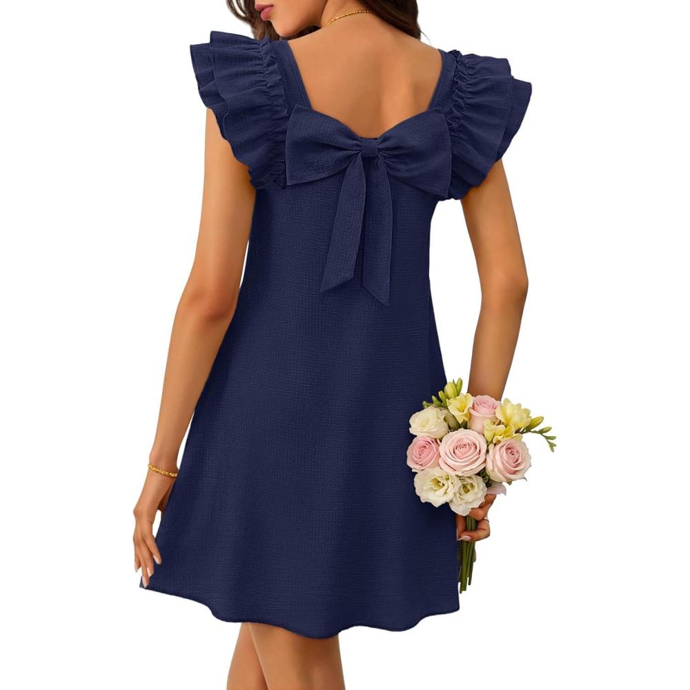 imageMEROKEETY Womens Spring Ruffle Sleeve Bow Mini Dress 2026 Summer Square Neck Casual Cute Shift Sundress PocketsNavy