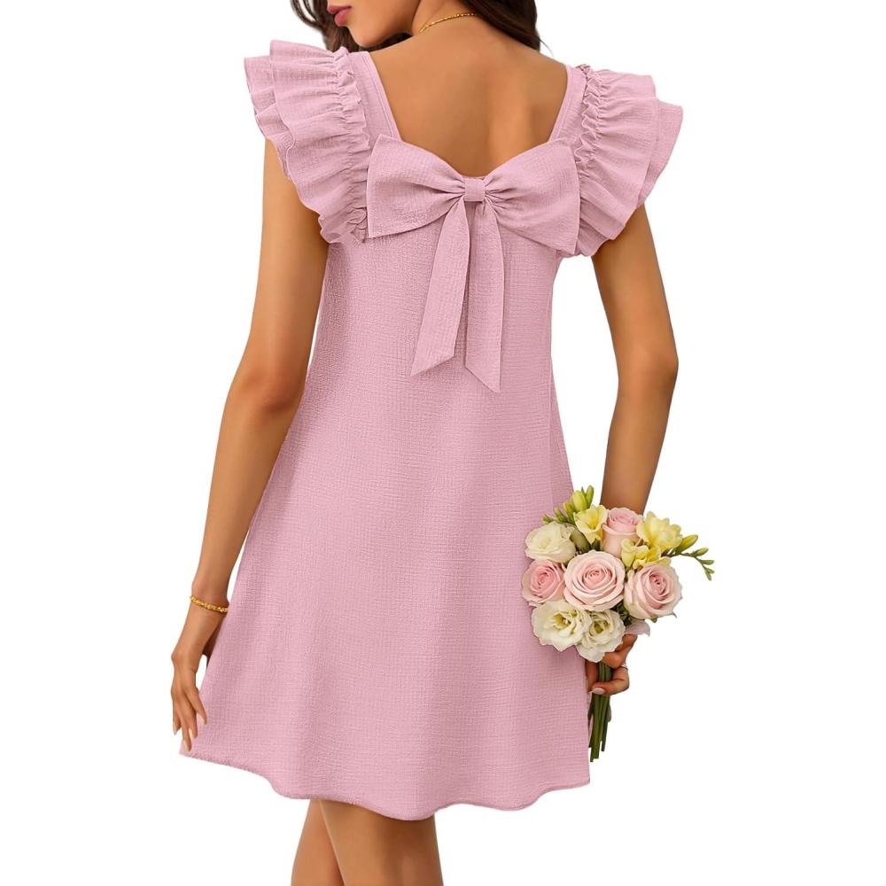 imageMEROKEETY Womens Spring Ruffle Sleeve Bow Mini Dress 2026 Summer Square Neck Casual Cute Shift Sundress PocketsPink