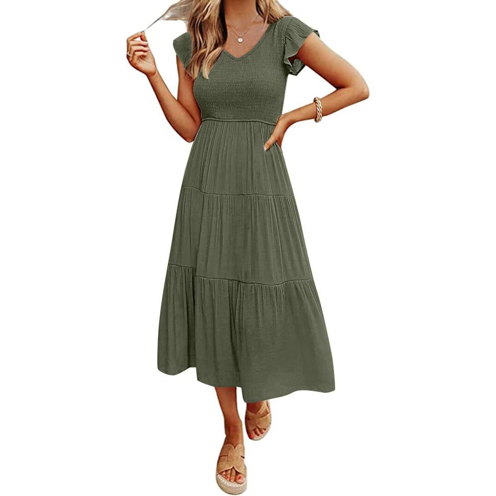 imageMEROKEETY Womens Summer 2026 Casual Midi Dress Flutter Sleeve V Neck Smocked Tiered Beach Vacation DressesArmy Green