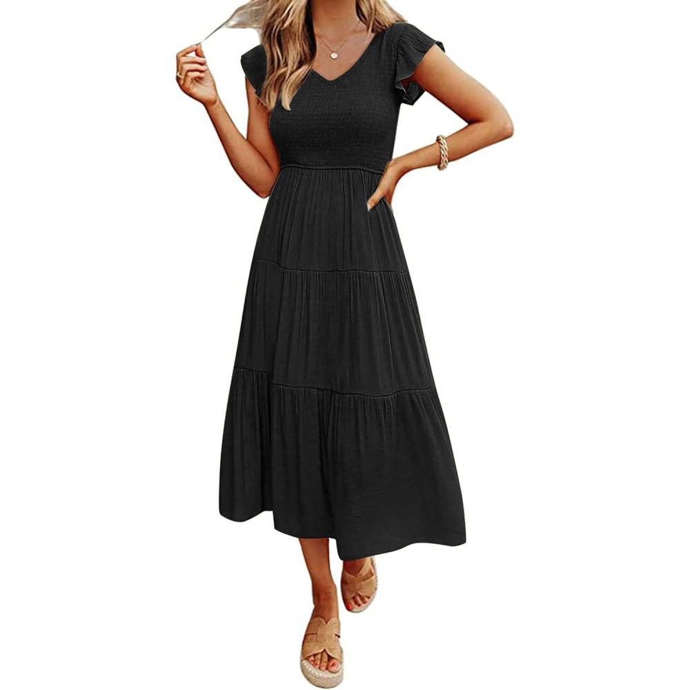 imageMEROKEETY Womens Summer 2026 Casual Midi Dress Flutter Sleeve V Neck Smocked Tiered Beach Vacation DressesBlack