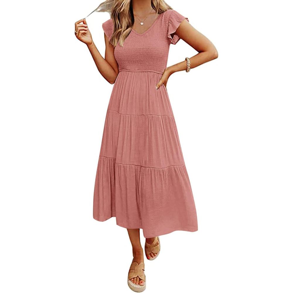 imageMEROKEETY Womens Summer 2026 Casual Midi Dress Flutter Sleeve V Neck Smocked Tiered Beach Vacation DressesDusty Pink
