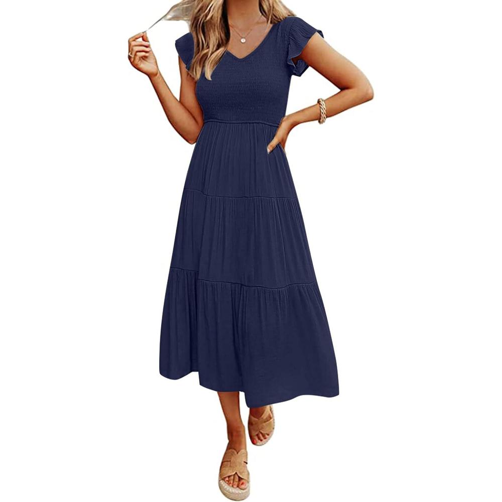 imageMEROKEETY Womens Summer 2026 Casual Midi Dress Flutter Sleeve V Neck Smocked Tiered Beach Vacation DressesNavy