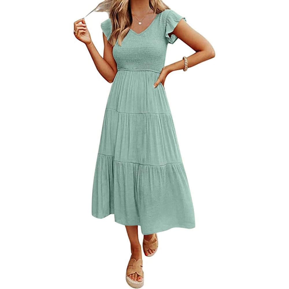 imageMEROKEETY Womens Summer 2026 Casual Midi Dress Flutter Sleeve V Neck Smocked Tiered Beach Vacation DressesSage