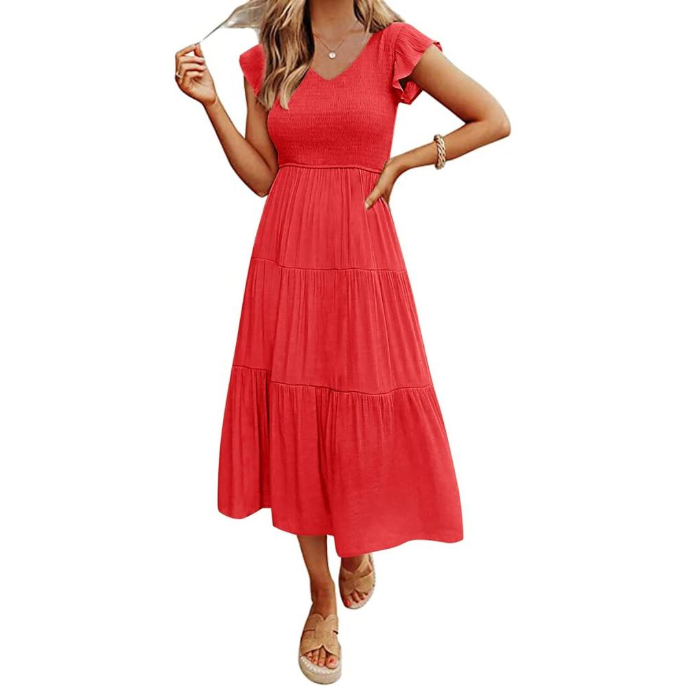 imageMEROKEETY Womens Summer 2026 Casual Midi Dress Flutter Sleeve V Neck Smocked Tiered Beach Vacation DressesWatermelon