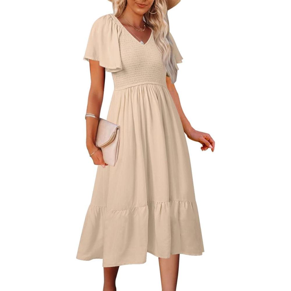 imageMEROKEETY Womens Summer Casual V Neck Ruffle Sleeve Smocked High Waist Midi Dress with PocketsAlmond