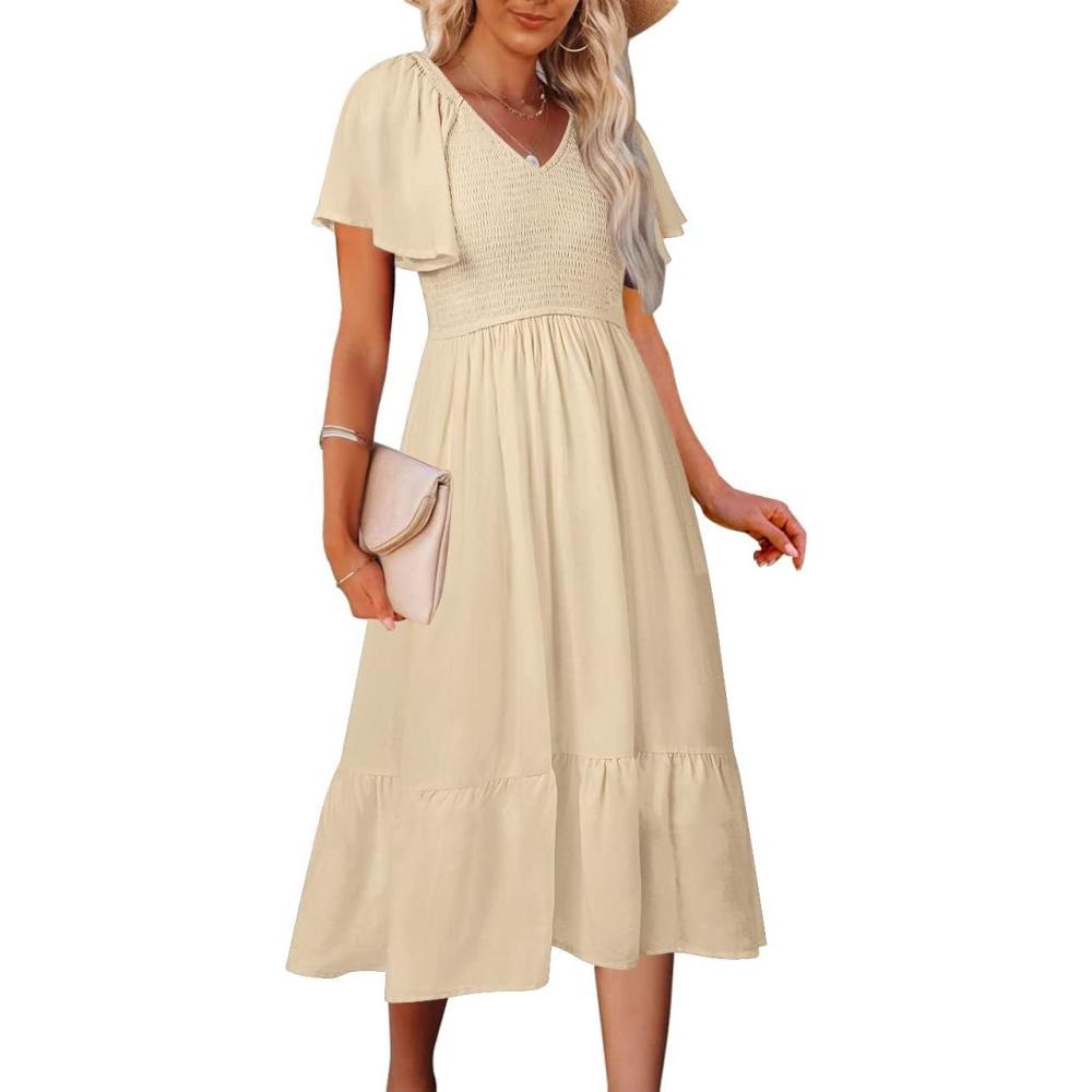 imageMEROKEETY Womens Summer Casual V Neck Ruffle Sleeve Smocked High Waist Midi Dress with PocketsApricot