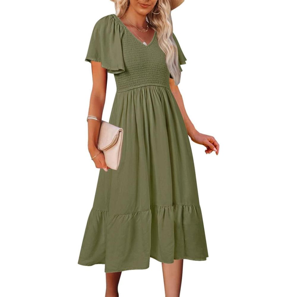 imageMEROKEETY Womens Summer Casual V Neck Ruffle Sleeve Smocked High Waist Midi Dress with PocketsArmygreen