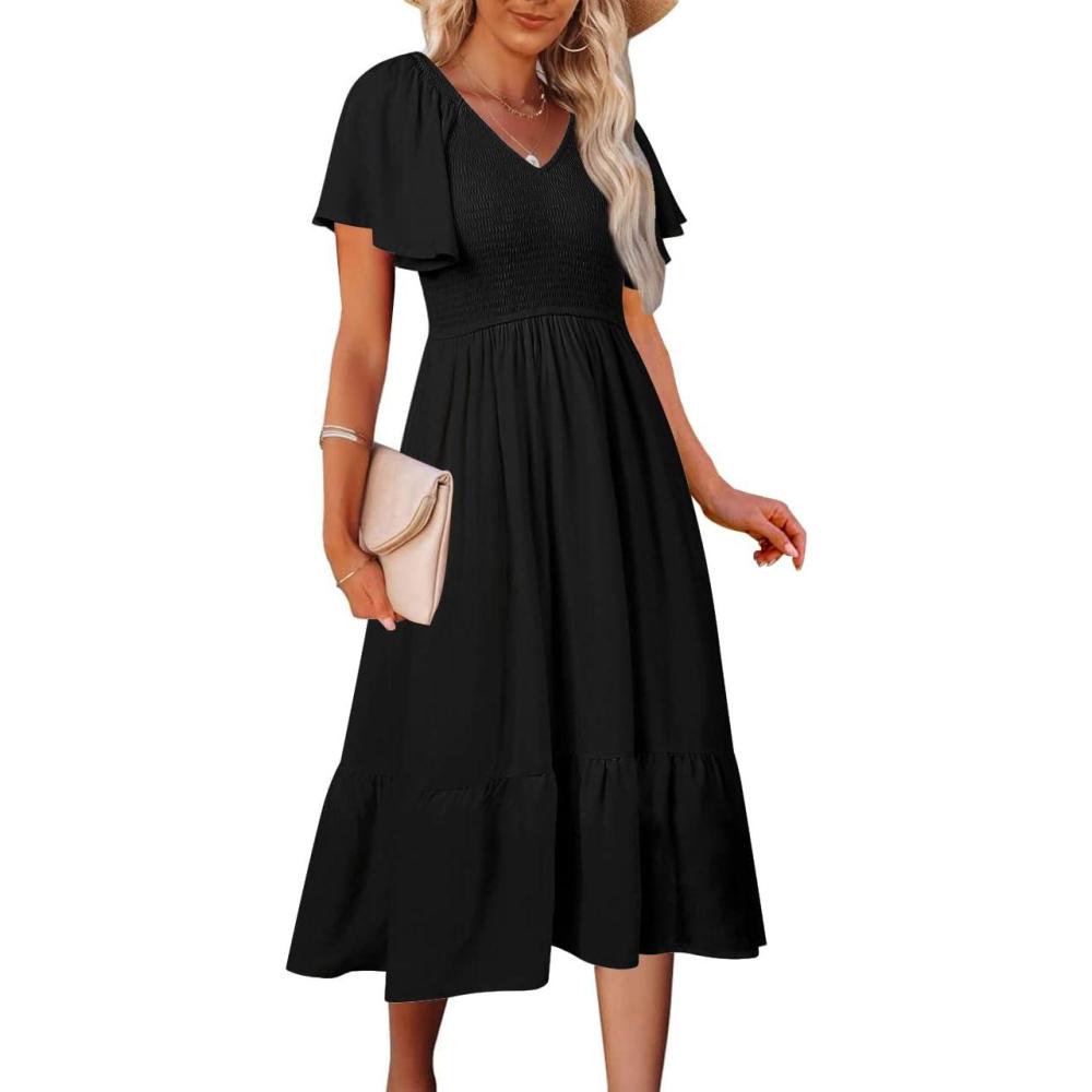 imageMEROKEETY Womens Summer Casual V Neck Ruffle Sleeve Smocked High Waist Midi Dress with PocketsBlack