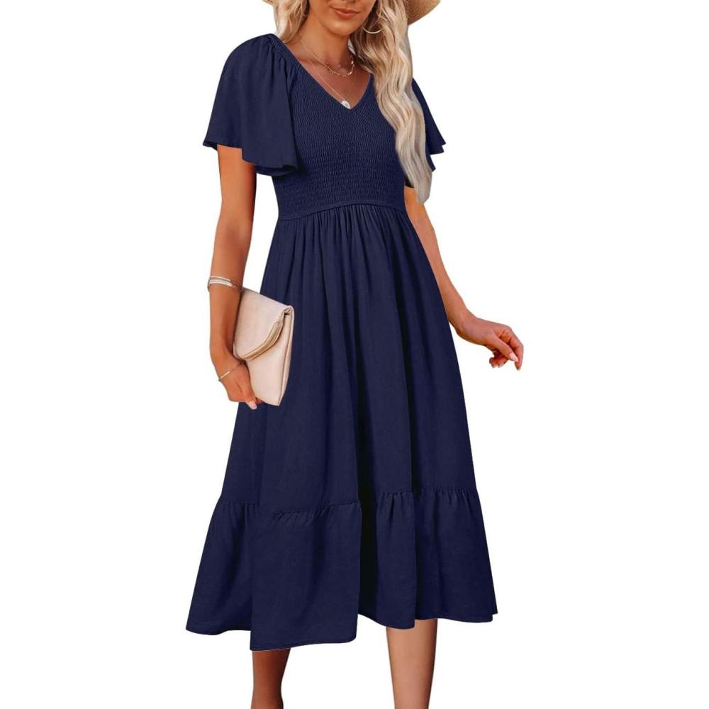 imageMEROKEETY Womens Summer Casual V Neck Ruffle Sleeve Smocked High Waist Midi Dress with PocketsNavy