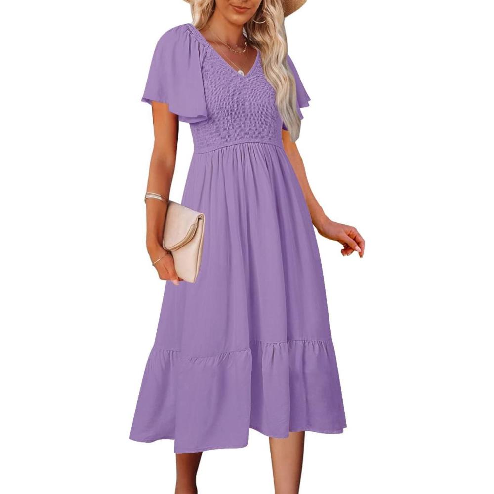 imageMEROKEETY Womens Summer Casual V Neck Ruffle Sleeve Smocked High Waist Midi Dress with PocketsPurple