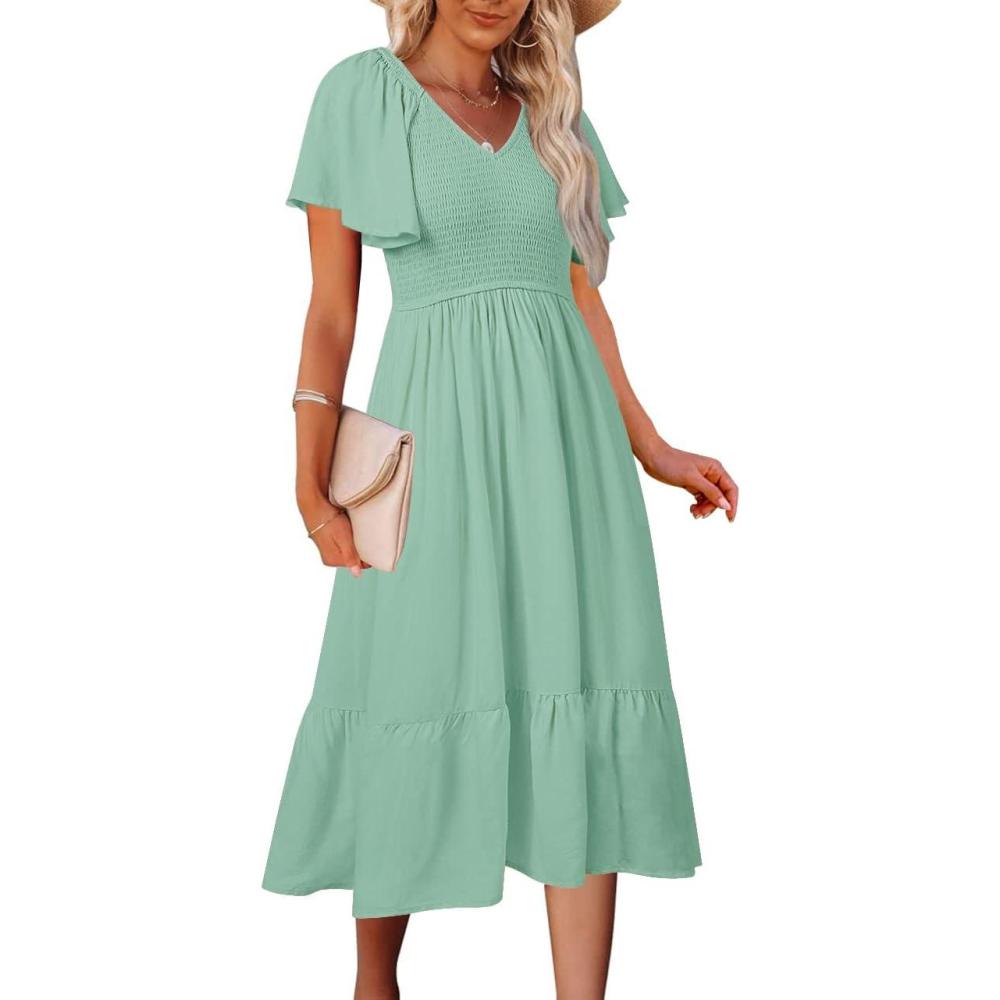 imageMEROKEETY Womens Summer Casual V Neck Ruffle Sleeve Smocked High Waist Midi Dress with PocketsSage