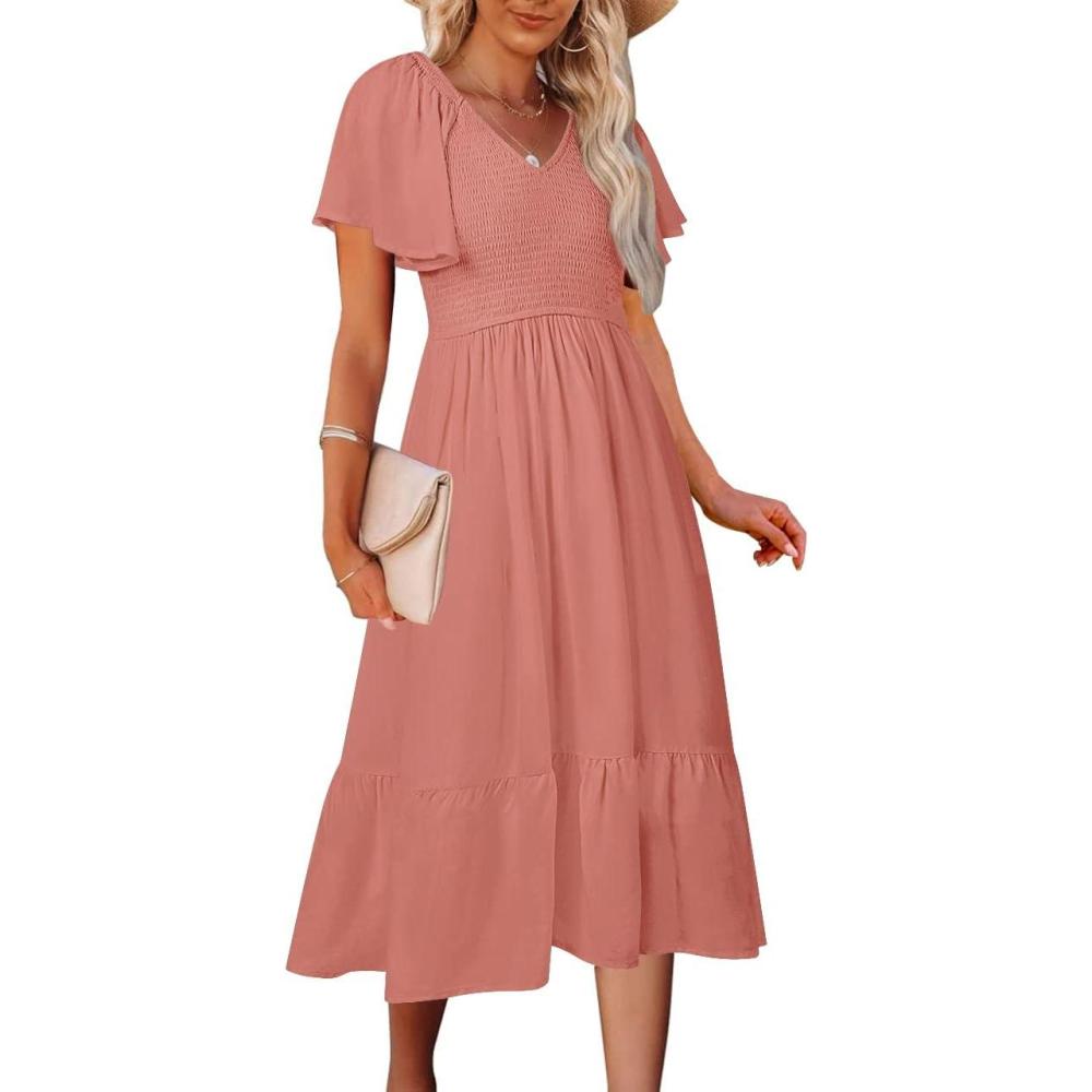 imageMEROKEETY Womens Summer Casual V Neck Ruffle Sleeve Smocked High Waist Midi Dress with PocketsTearose