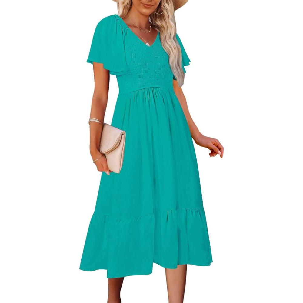 imageMEROKEETY Womens Summer Casual V Neck Ruffle Sleeve Smocked High Waist Midi Dress with PocketsTurquoise