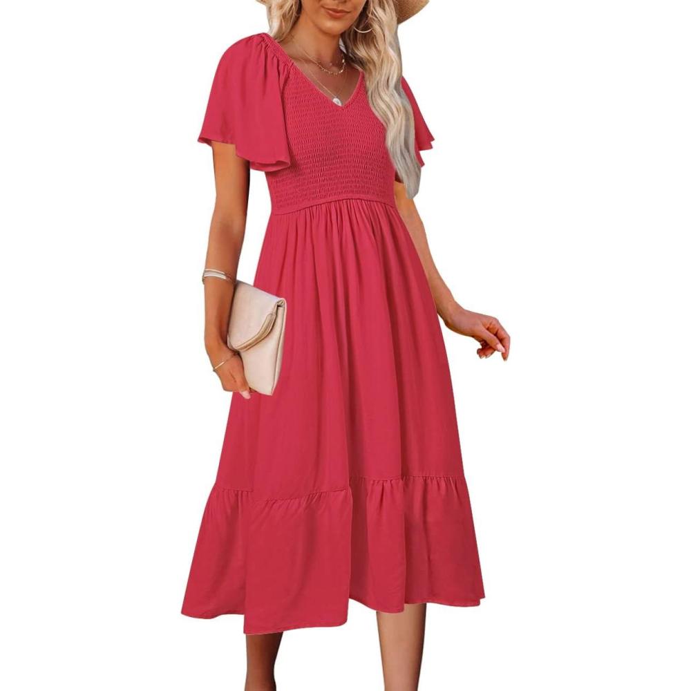 imageMEROKEETY Womens Summer Casual V Neck Ruffle Sleeve Smocked High Waist Midi Dress with PocketsWatermelon