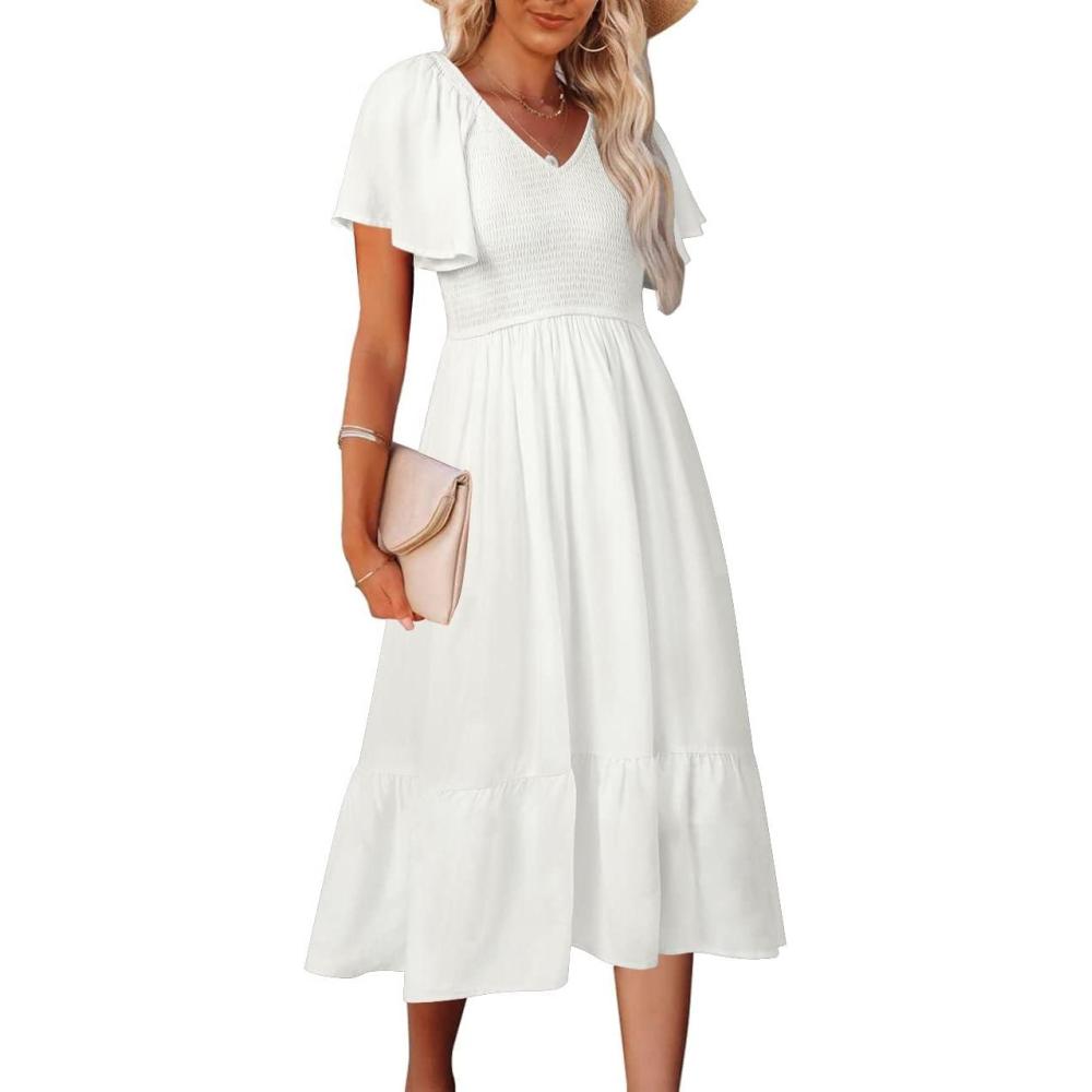 imageMEROKEETY Womens Summer Casual V Neck Ruffle Sleeve Smocked High Waist Midi Dress with PocketsWhite
