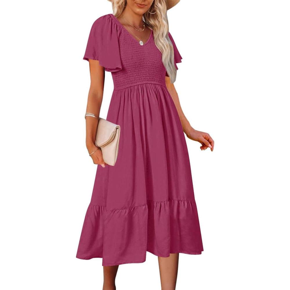 imageMEROKEETY Womens Summer Casual V Neck Ruffle Sleeve Smocked High Waist Midi Dress with PocketsWine