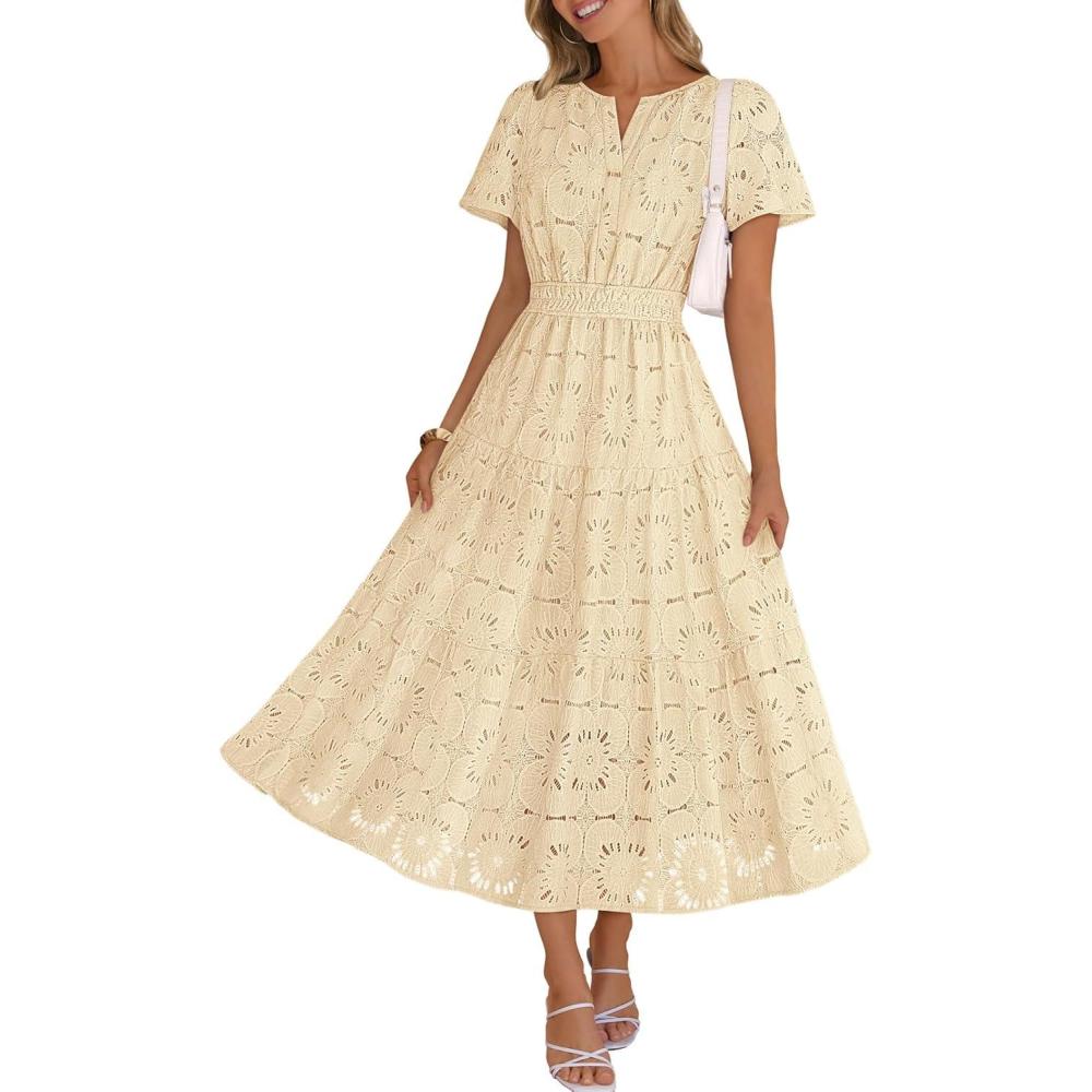 imageMEROKEETY Womens Summer Floral Maxi Dress 2026 Spring Boho Vacation Eyelet Lace Short Sleeve A Line Tiered Flowy DressesApricot