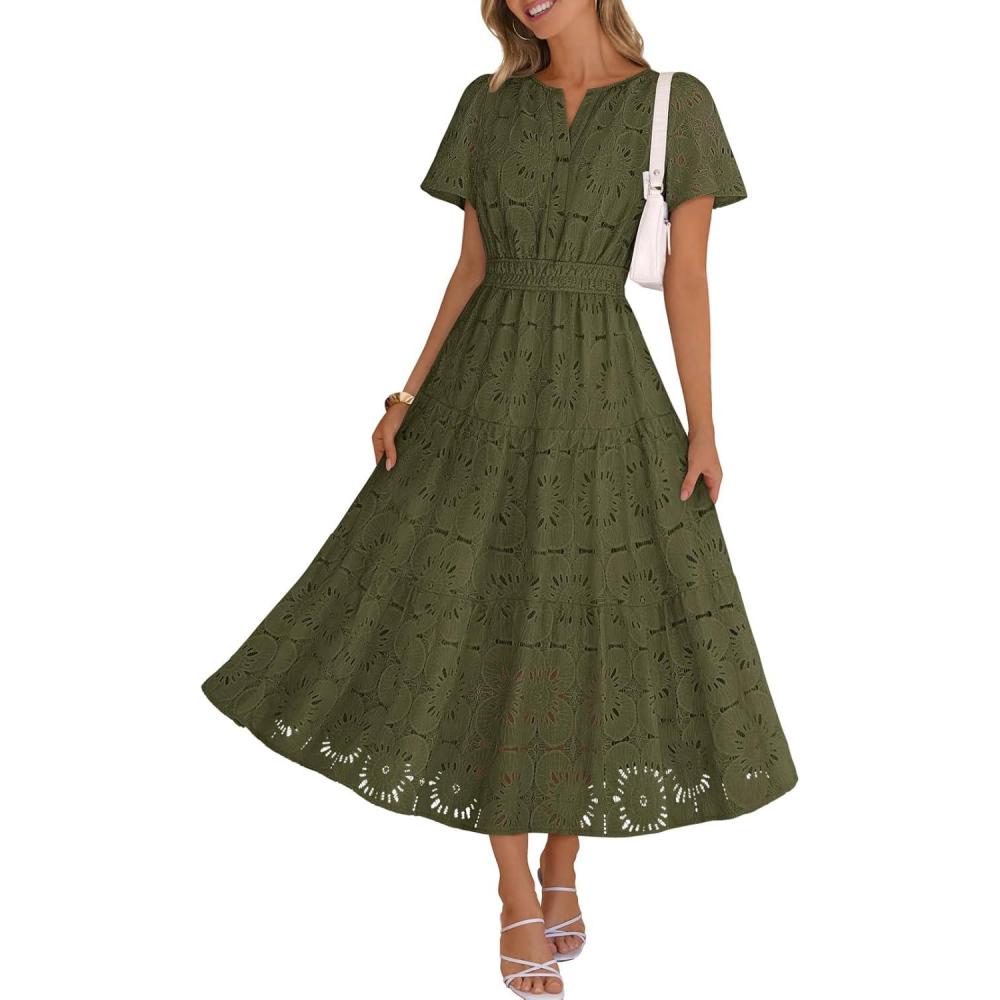 imageMEROKEETY Womens Summer Floral Maxi Dress 2026 Spring Boho Vacation Eyelet Lace Short Sleeve A Line Tiered Flowy DressesArmy Green