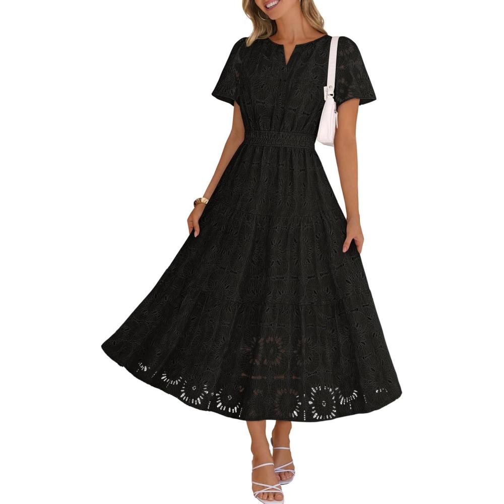 imageMEROKEETY Womens Summer Floral Maxi Dress 2026 Spring Boho Vacation Eyelet Lace Short Sleeve A Line Tiered Flowy DressesBlack