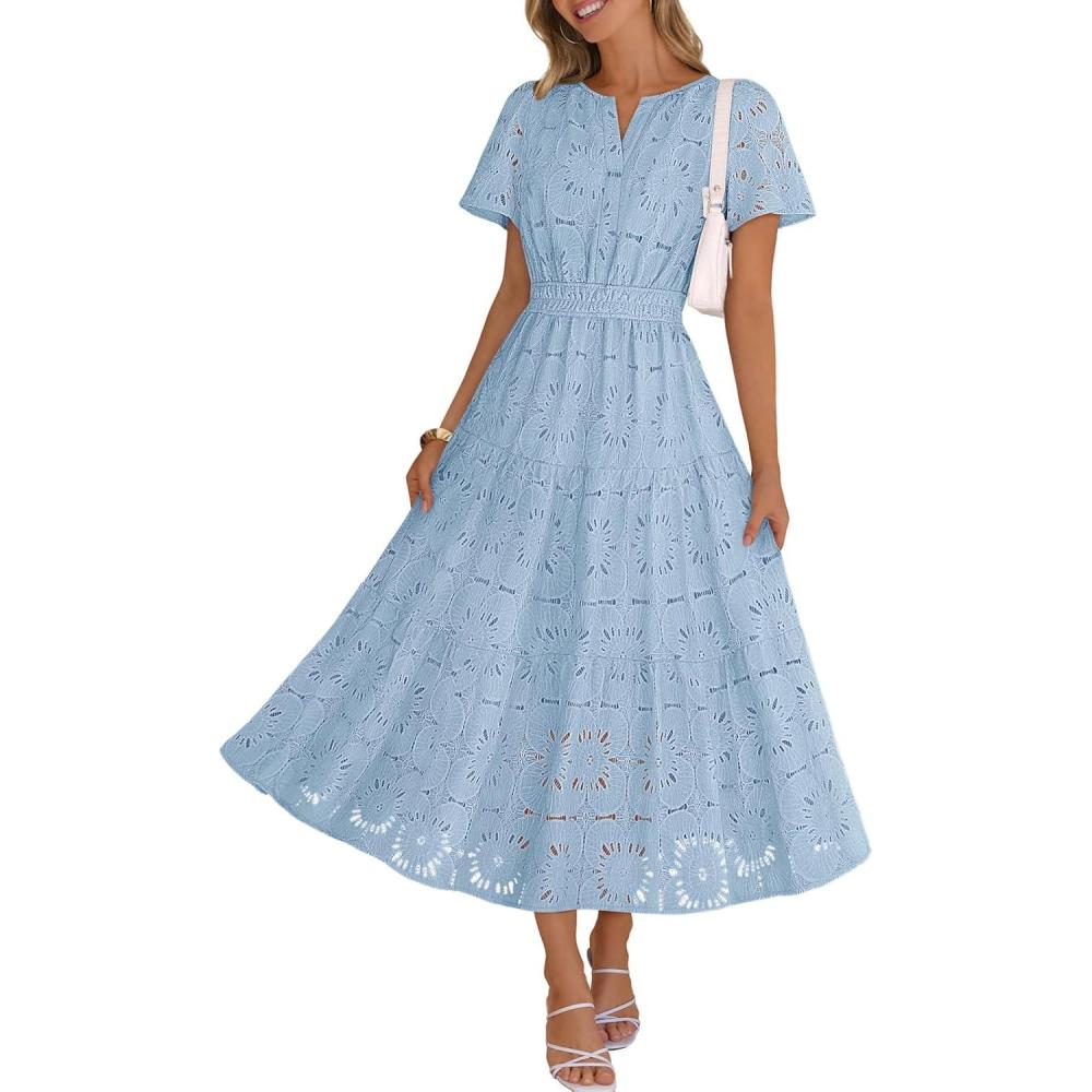 imageMEROKEETY Womens Summer Floral Maxi Dress 2026 Spring Boho Vacation Eyelet Lace Short Sleeve A Line Tiered Flowy DressesBlue