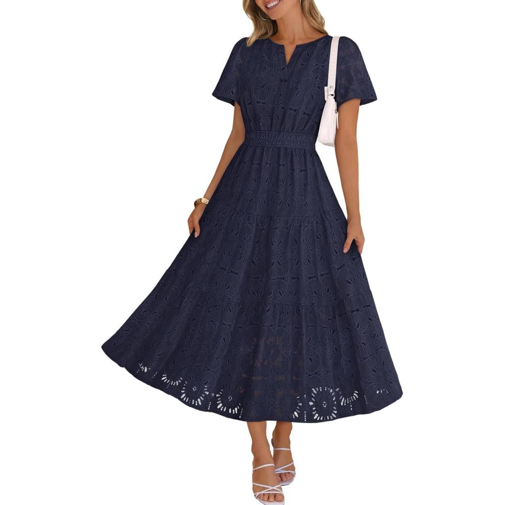 imageMEROKEETY Womens Summer Floral Maxi Dress 2026 Spring Boho Vacation Eyelet Lace Short Sleeve A Line Tiered Flowy DressesNavy